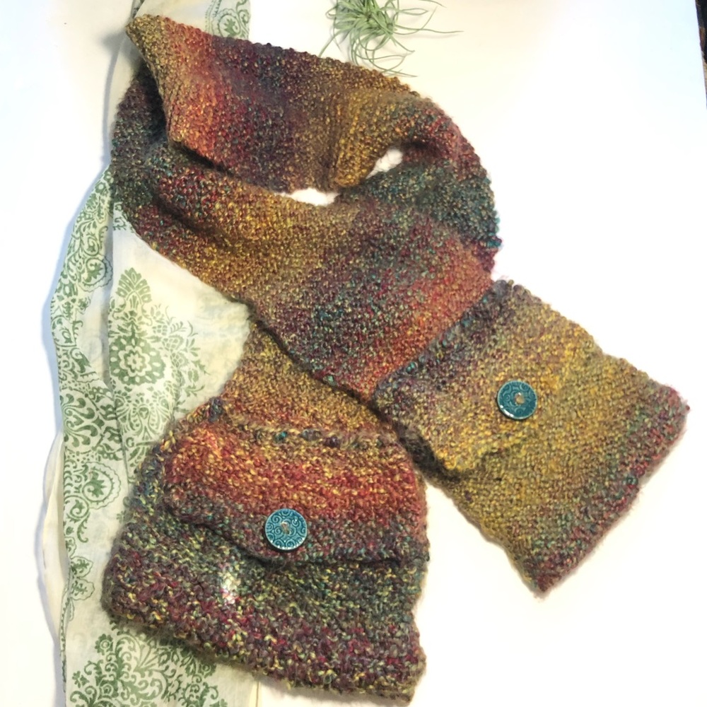 Handmade Knit Winter Scarf Pocket Multi Color Wrap